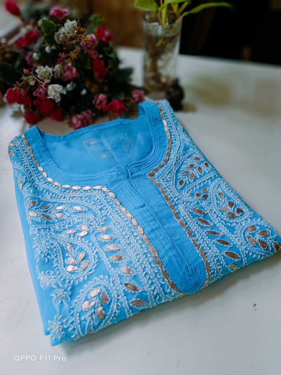 Faux georgette lucknowi chikanakari embroidery - Indic Brands