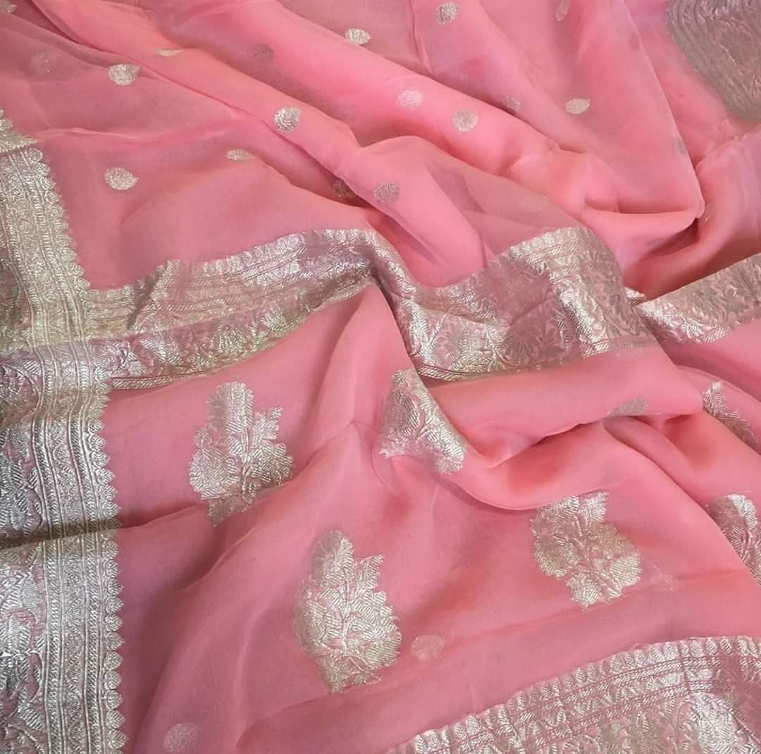 Peach-Strawberry Pink Pure Chiffon Georgette Banarasi Handloom Saree - Tilfi