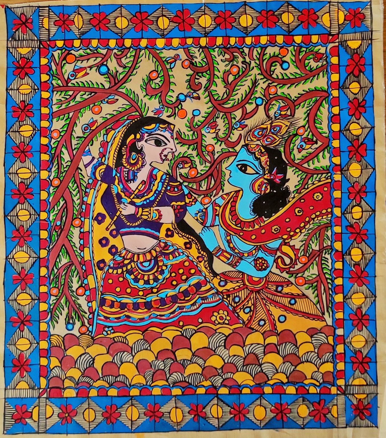 Madhubani Painting of Radha and Krishna II Size- 15.4 inch x 13.6 inch ...