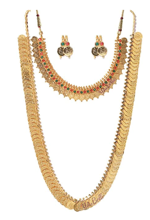 Jewellery Gold Plated Jewellery Long Traditional Maharani Coin Necklace Set and Red Green Coin Jewellery Set with Earrings