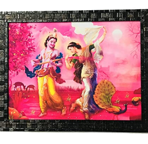 Radha Krishna Glitter Framed Wall Art Painting for Home Office - Religious God Photo Frames - Gift for House Warming, Anniversary, Birthday, Year- 10.2(26cm) inch * 13.3(34cm) inch