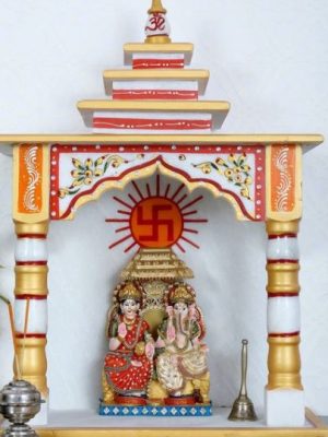 Multicolour Marble Hand Painted Pooja Mandir without Door