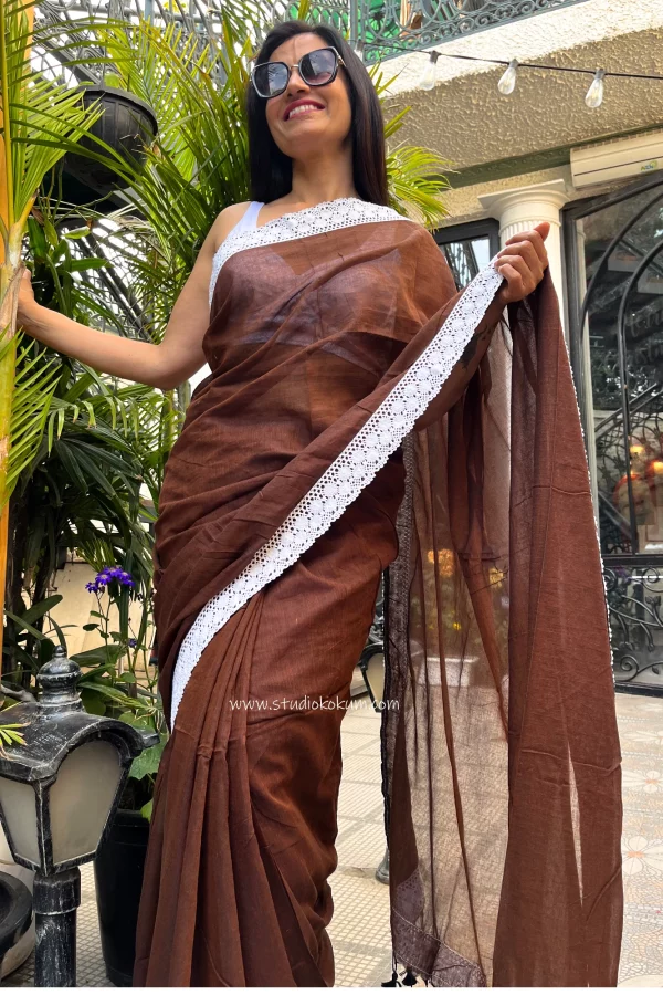 Irish Coffee - Pure Mul Cotton Saree in Brown Colour with Lace Work